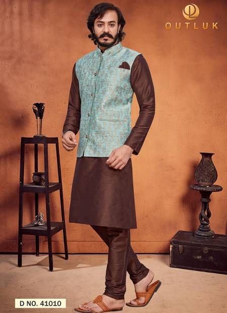 Sea Green And Brown Colour Latest Design Festive Wear Art Silk Jacquard Print Kurta Pajama With Jacket Mens Collection 41010